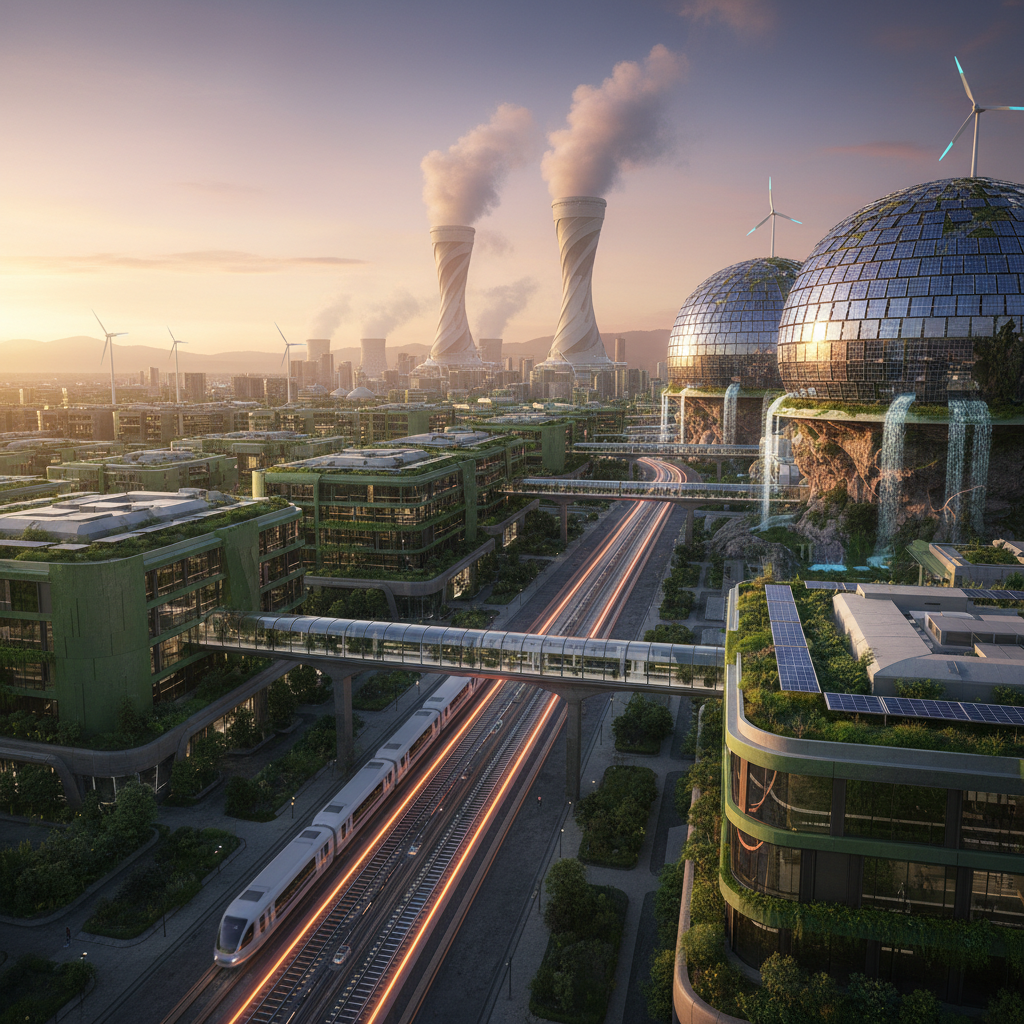 Vista aérea de uma cidade moderna com infraestrutura avançada e sustentável, simbolizando o massivo investimento em infraestrutura global.