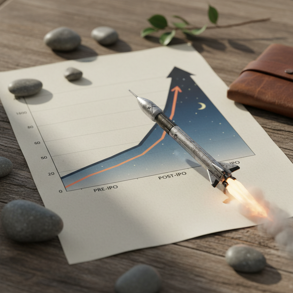 Gráfico financeiro com foguete da SpaceX decolando, simbolizando a decisão de investir na SpaceX após o IPO.