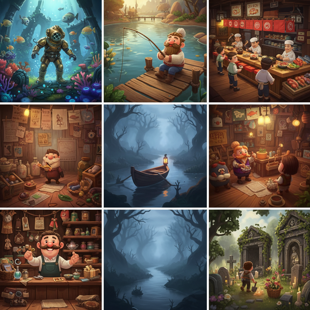 Uma montagem de cenas de jogos indie, incluindo pesca, exploração e gerenciamento, representando jogos parecidos com Dave the Diver.