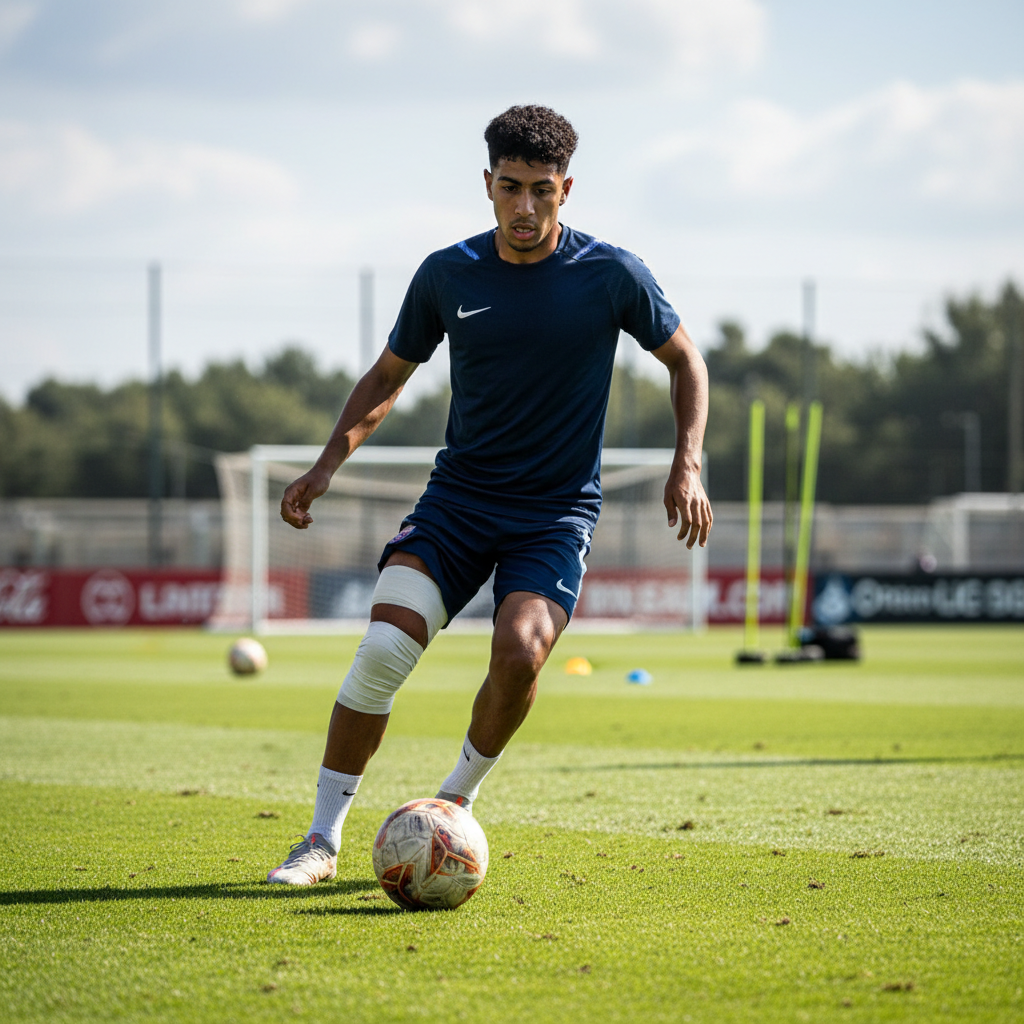 Lamine Yamal Copa do Mundo — Lamine Yamal com bandagem na coxa em treino individual da Espanha, visando a final da Copa do Mu