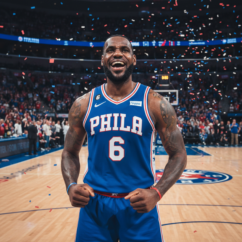 LeBron James Philadelphia 76ers — LeBron James, em uniforme do Philadelphia 76ers, celebra em quadra, mostrando sua determina