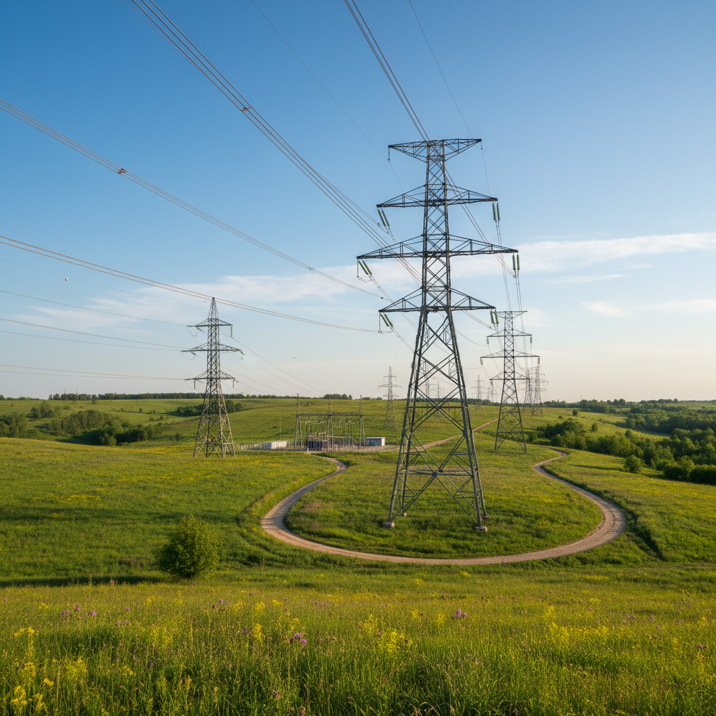 Leilão Transmissão Alupar Axia — Linhas de transmissão de energia elétrica se estendendo por uma paisagem verde e ensolarada,