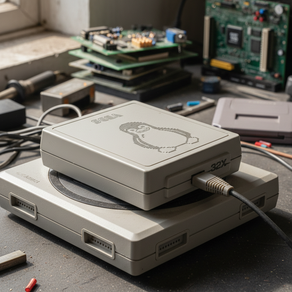 Imagem conceitual mostrando o logo do Linux sobreposto a um Sega 32X e Mega Drive, simbolizando o Linux no Sega 32X rodando em hardware antigo.