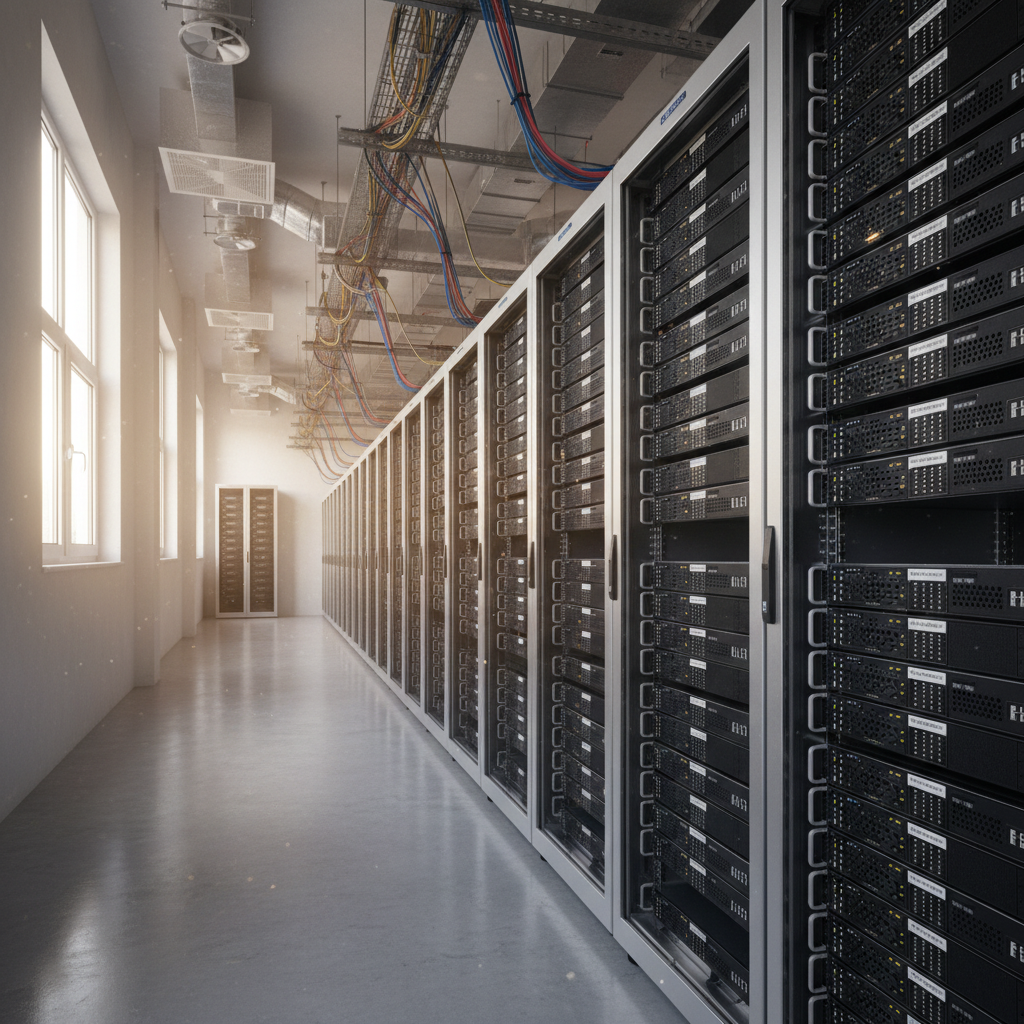 Monetização infraestrutura Meta — Servidores de alta performance e chips de IA em um data center moderno, simbolizando a mone