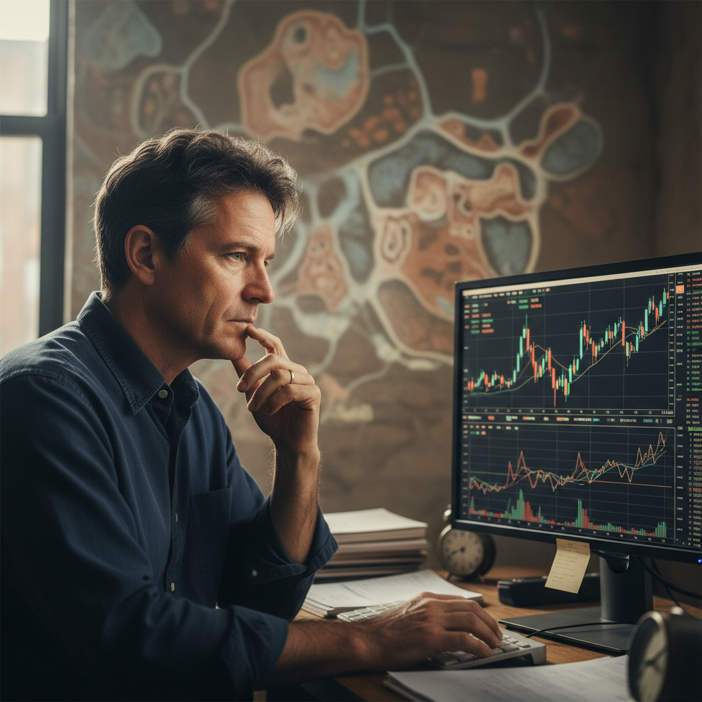 Michael Burry observando gráficos de mercado, representando suas novas apostas de venda contra empresas de tecnologia e indústria.