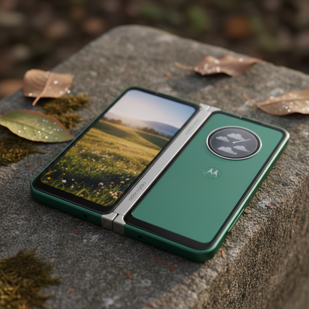 Smartphone dobrável Motorola Razr 70 na cor verde, exibindo suas duas telas AMOLED e a dobradiça de titânio, destacando o design.