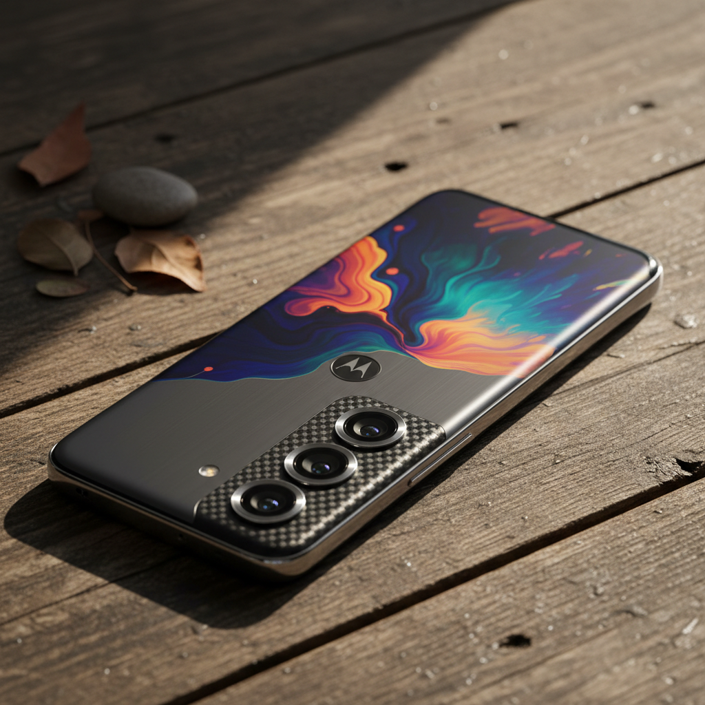 Close-up de um Motorola Signature exibindo sua tela AMOLED vibrante, destacando o design premium e as câmeras de alta resolução.