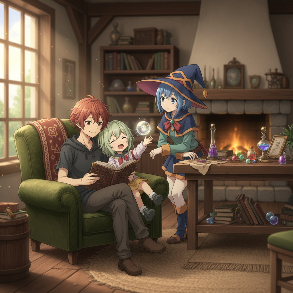 Rudeus Greyrat e sua família, incluindo Sylphie, Roxy e a pequena Lucy, em um momento de tranquilidade doméstica, simbolizando o amadurecimento e a nova fase da Mushoku Tensei temporada 3.