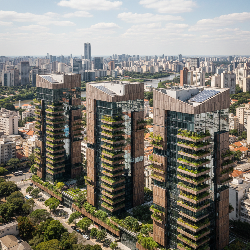 Arranha-céus modernos e sustentáveis em São Paulo, simbolizando a onda de <strong>novos escritórios em São Paulo</strong> e a vitalidade do mercado imobiliário corporativo.