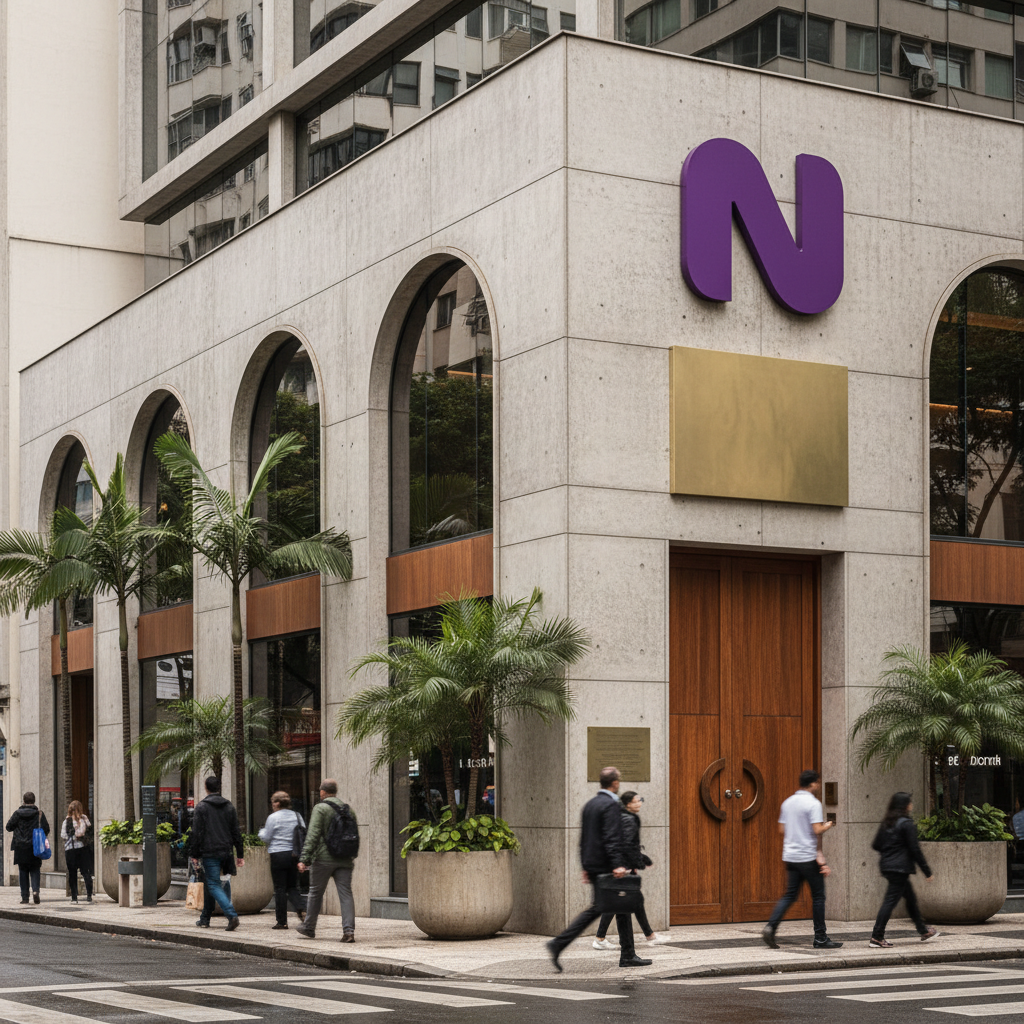 Fachada de um banco moderno com o logo do Nubank, representando o Nubank adquire banco e sua nova licença bancária no Brasil.