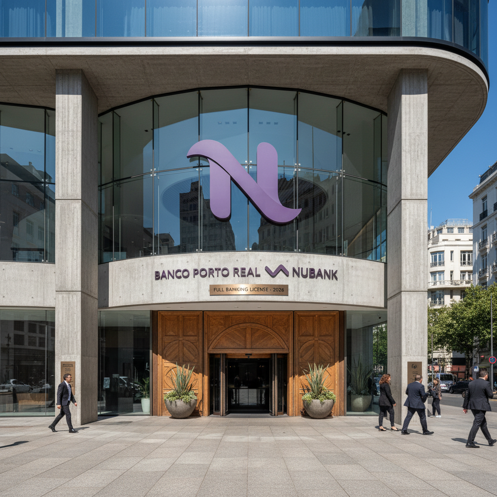 Nubank adquire banco — Fachada moderna de um banco com o logotipo do Nubank em destaque, simbolizando a aquisição do Banco Po