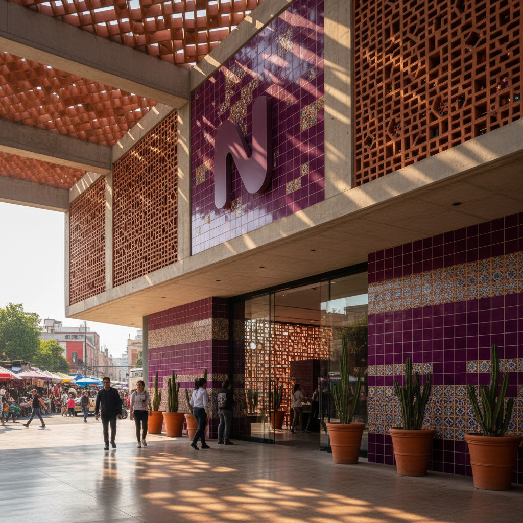 Fachada moderna de um banco digital com o logo do Nubank e elementos que remetem ao México, simbolizando a nova operação do Nubank México banco.