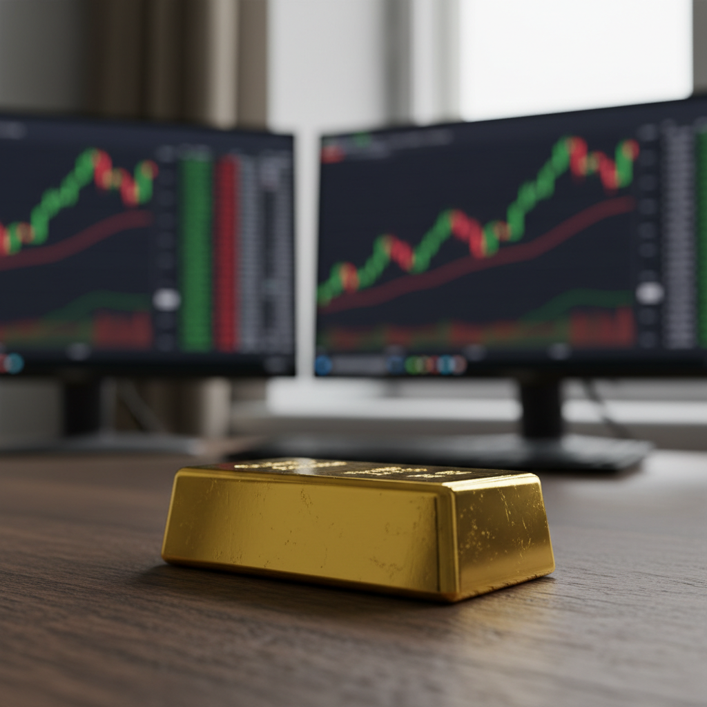 Barra de ouro brilhante simbolizando o ouro em alta no mercado financeiro, com gráficos de preço ao fundo e investidores analisando dados.
