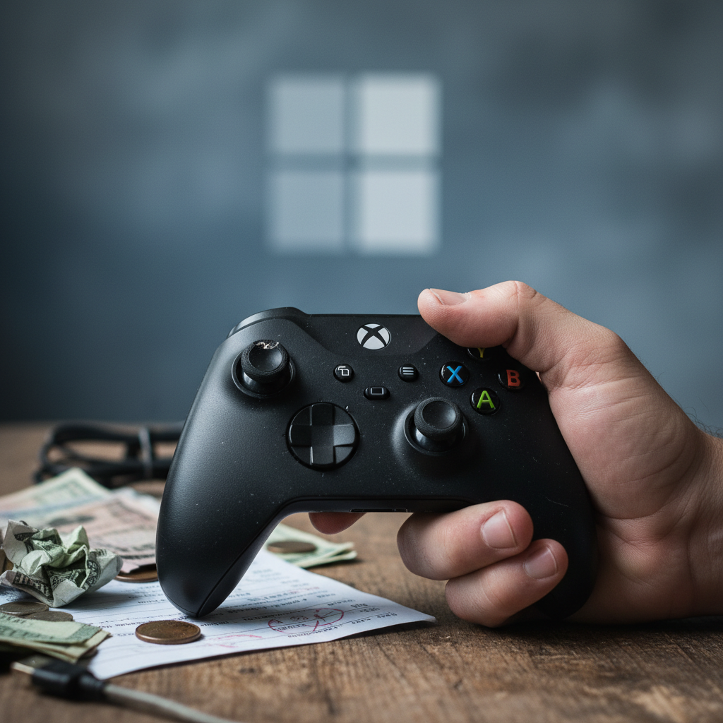 Uma mão segurando um controle de Xbox Series com o logo da Microsoft ao fundo, simbolizando o prejuízo Microsoft Xbox da empresa.