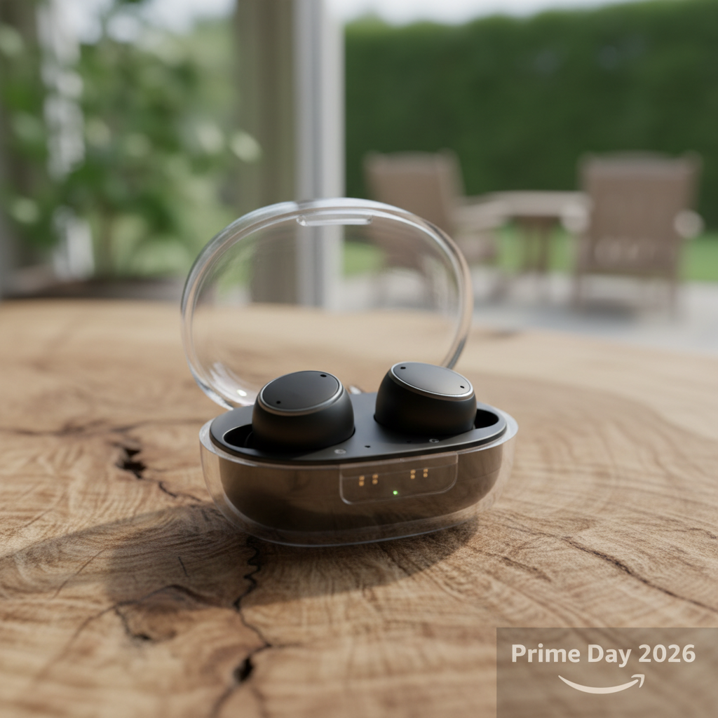Fones de ouvido Galaxy Buds 4 Pro pretos em estojo transparente, símbolo de oferta Prime Day 2026, mostrando design e tecnologia de áudio.