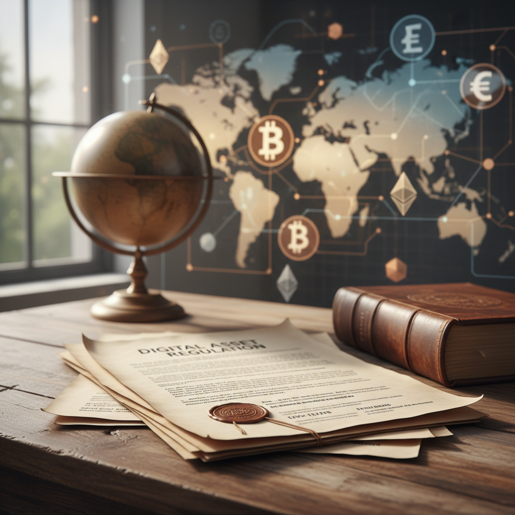 Regulação Cripto Clarity Act: documentação legal e símbolos de criptomoedas em um cenário de mercado financeiro global.