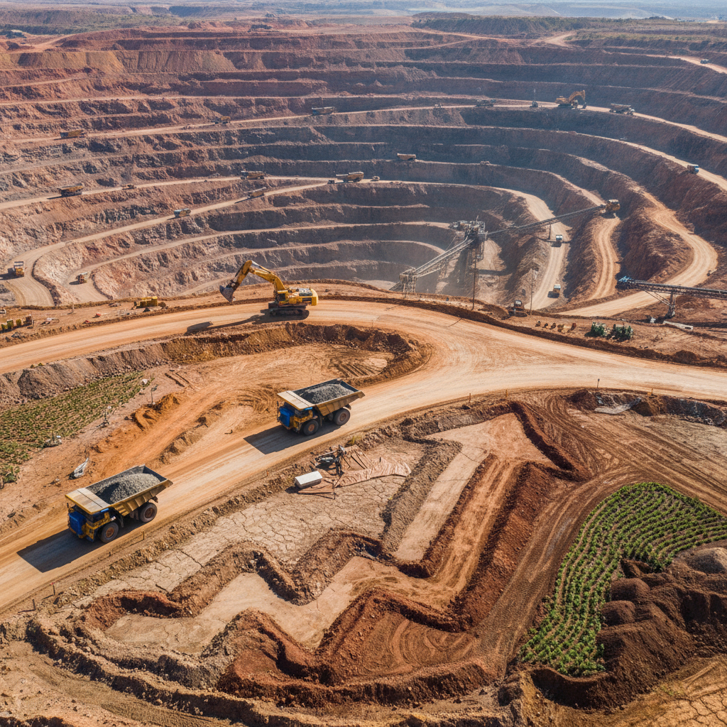 Vista aérea de uma mina da Vale (VALE3) com equipamentos de grande porte, simbolizando a força da mineração e as ações da Vale no mercado.