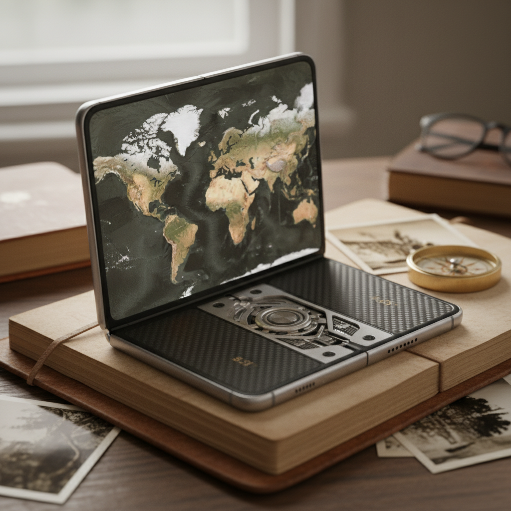 Vista detalhada do smartphone dobrável Samsung Fold Wide em formato de passaporte, destacando sua tela expandida e design inovador.