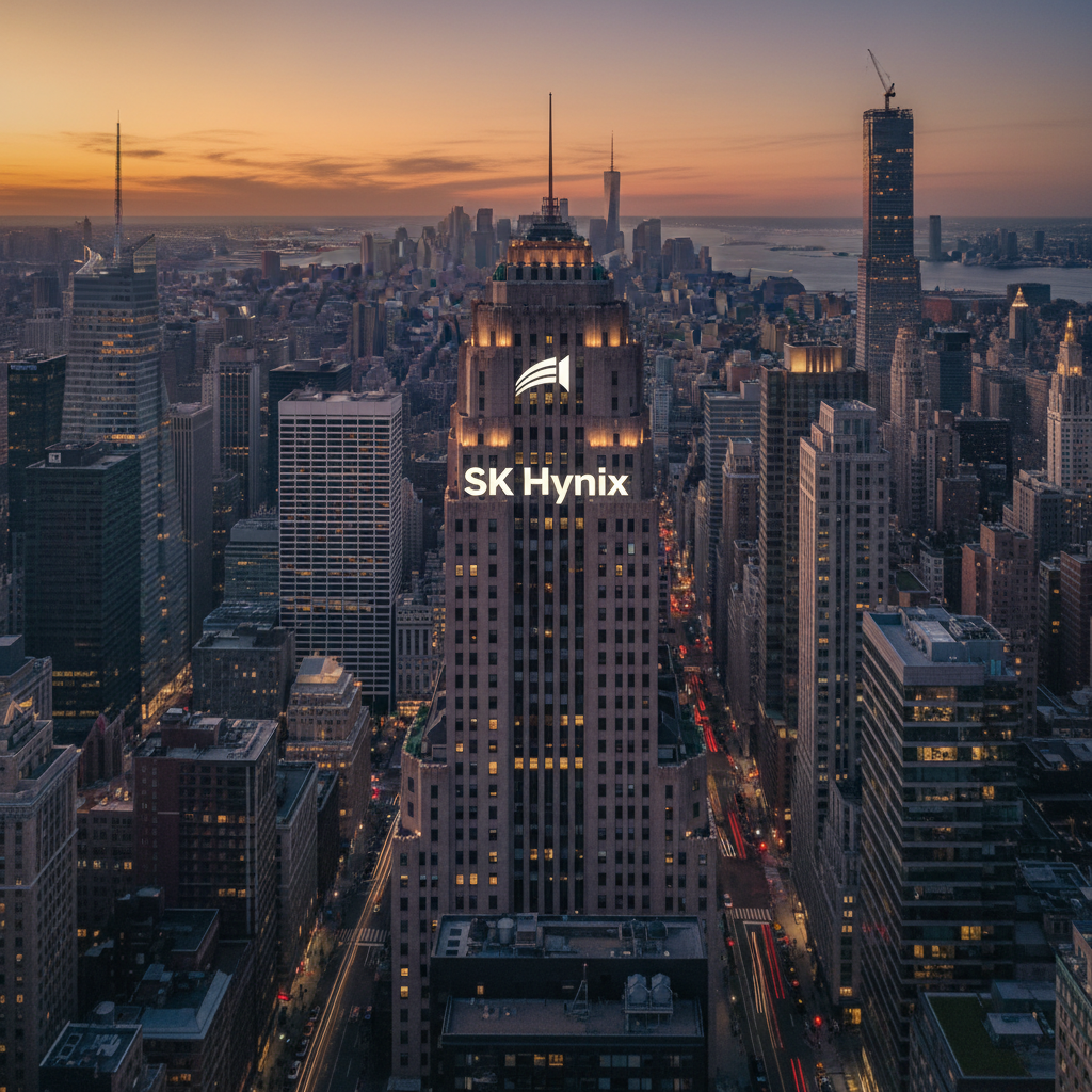 Uma imagem aérea de arranha-céus de Wall Street, com um logo da SK Hynix discretamente integrado, simbolizando a megaoferta de SK Hynix ADRs EUA.