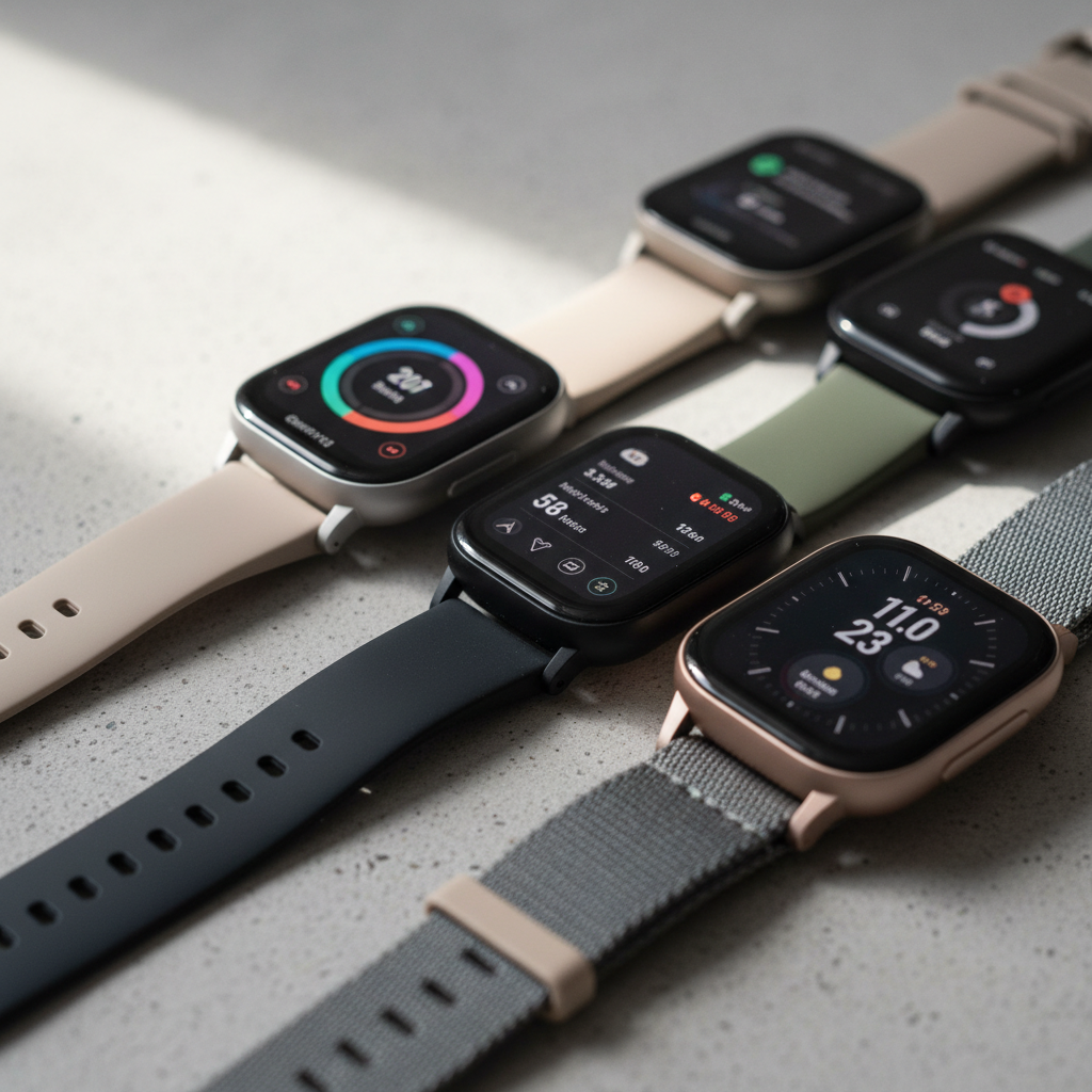 Comparativo de smartwatches e smartbands acessíveis, mostrando diferentes modelos de smartwatch bom e barato em um fundo neutro, com foco em detalhes dos displays e pulseiras.