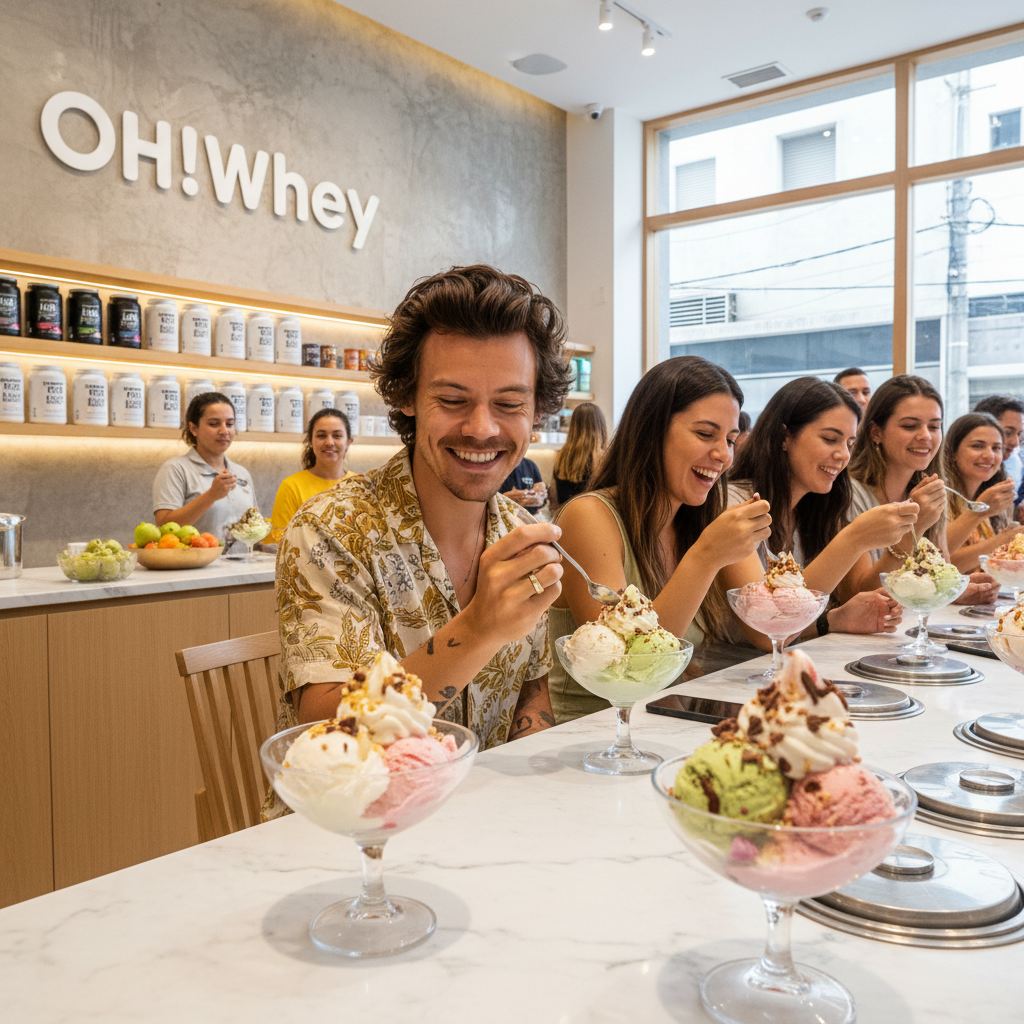 sorveteria proteica Harry Styles — Harry Styles sorrindo enquanto degusta um sorvete proteico na Oh!Whey, sorveteria proteica
