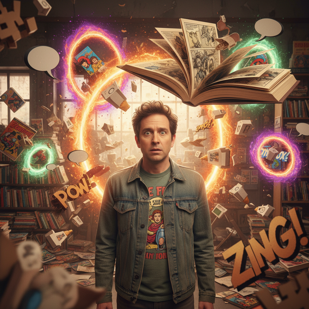 Stuart Bloom, protagonista do novo spin-off The Big Bang Theory, em uma cena cômica com elementos de ficção científica e multiverso.