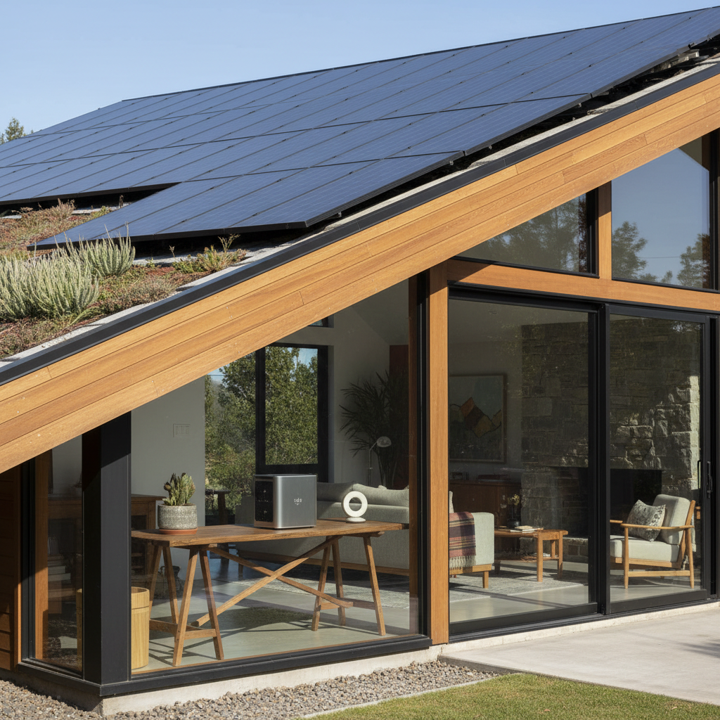 Representação visual de uma casa com painéis solares e um dispositivo representando um dos servidores de IA domésticos da Sunrun, ilustrando a tecnologia verde.