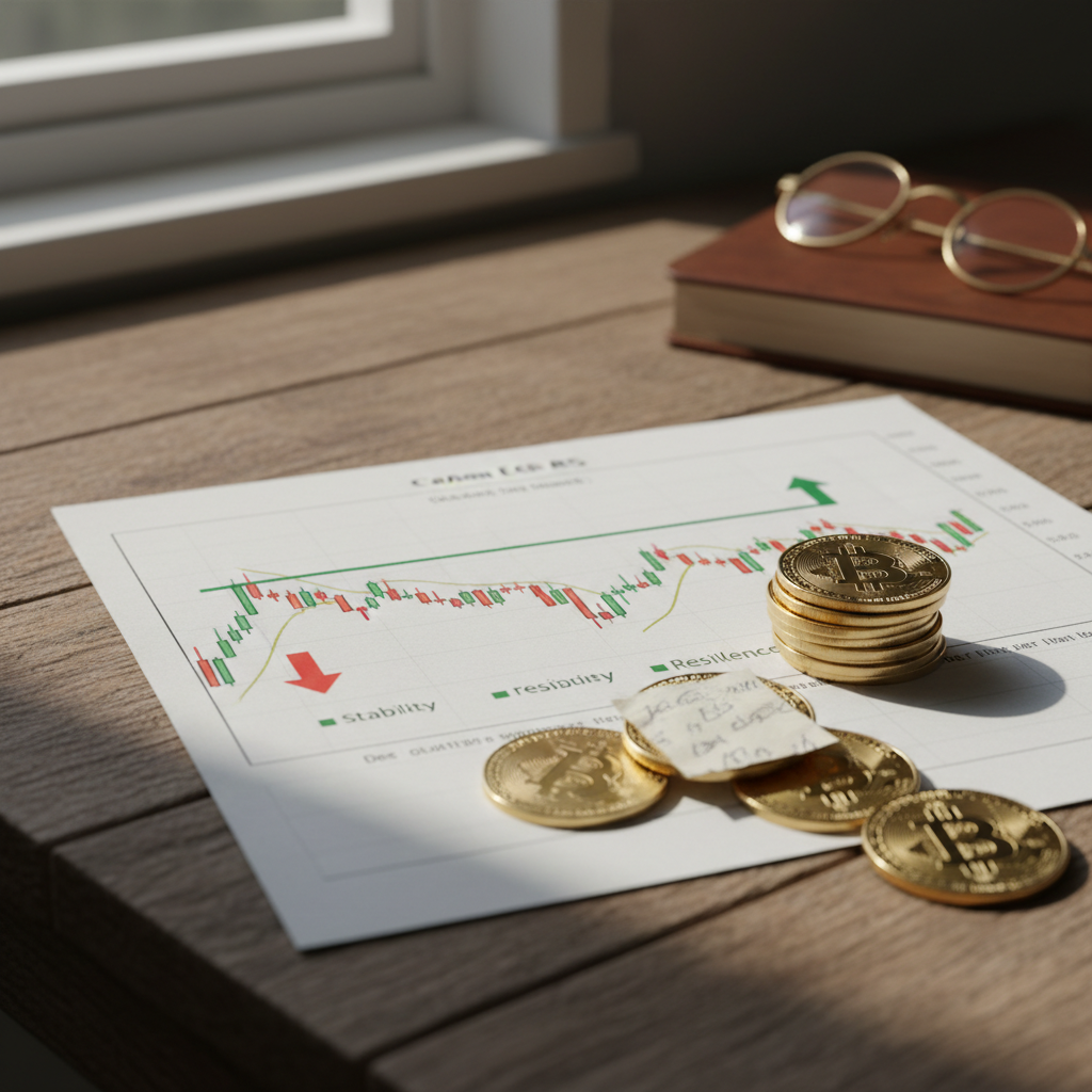 Gráfico de preço do Bitcoin com setas de estabilidade após a Venda Bitcoin Strategy pela MicroStrategy, evidenciando resiliência do mercado.