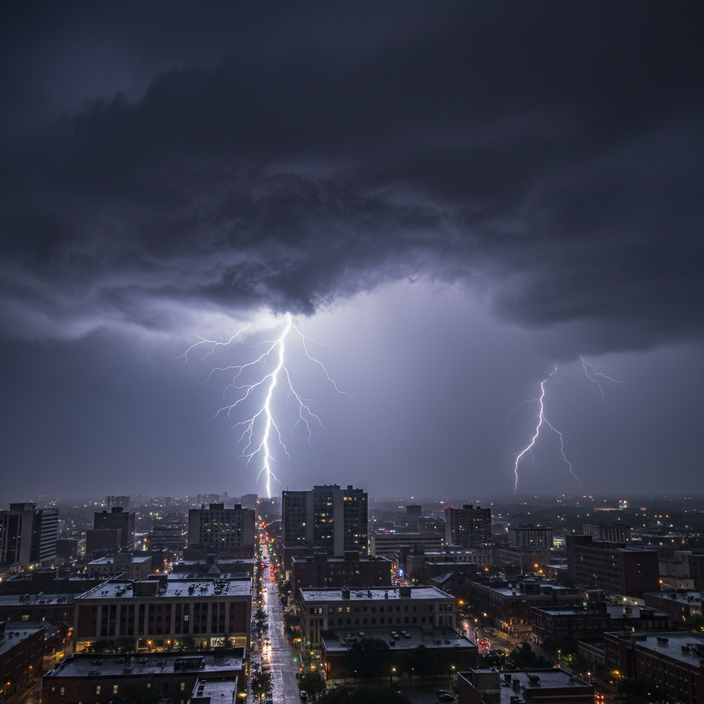 Imagem fotorrealista de uma tempestade severa com nuvens escuras e raios sobre uma paisagem urbana, ilustrando o Alerta de Tempestade e a necessidade de prevenção.