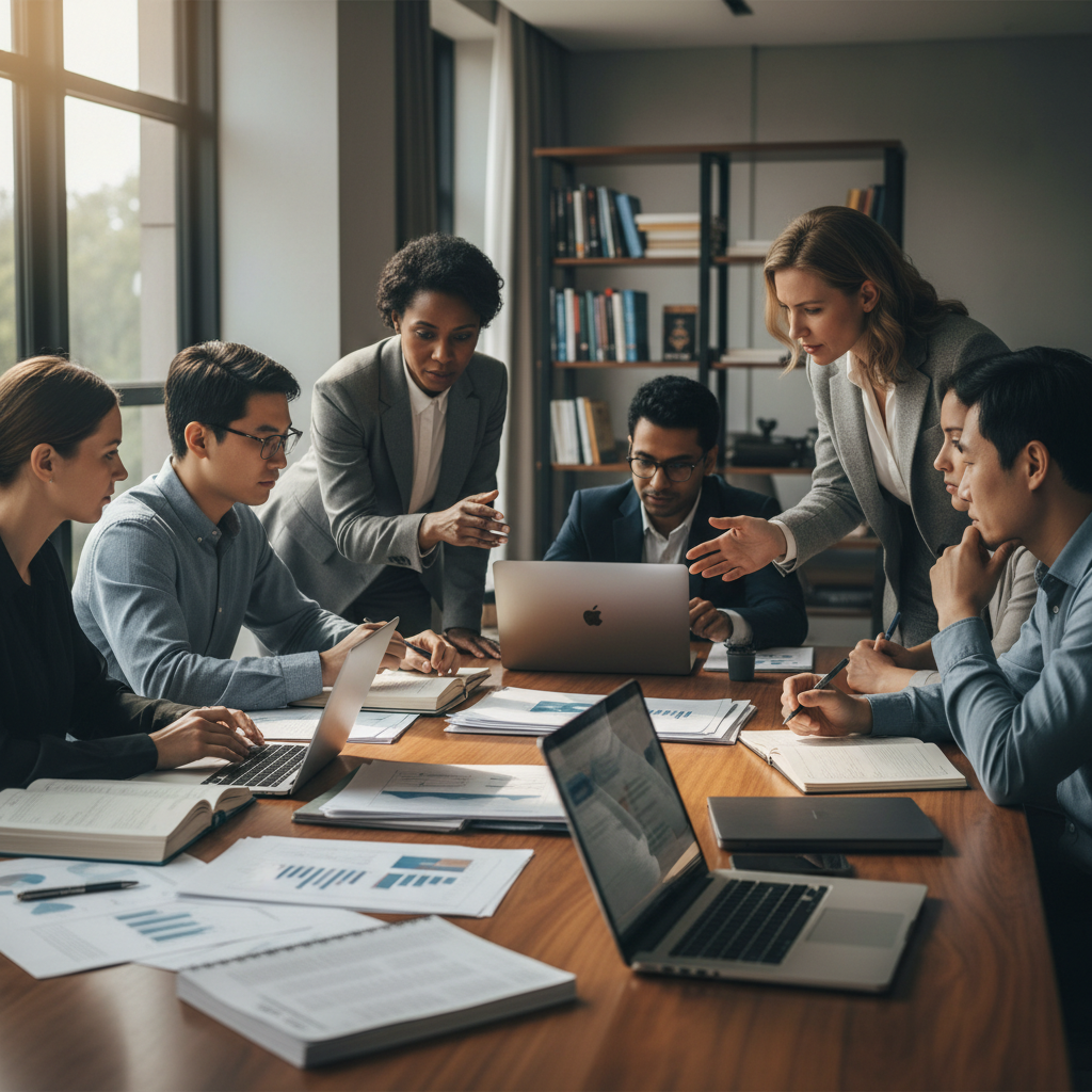 Uma mesa de conferência com diversos especialistas, incluindo economistas e pesquisadores, discutindo o alerta urgente de economistas sobre IA e seus impactos globais.