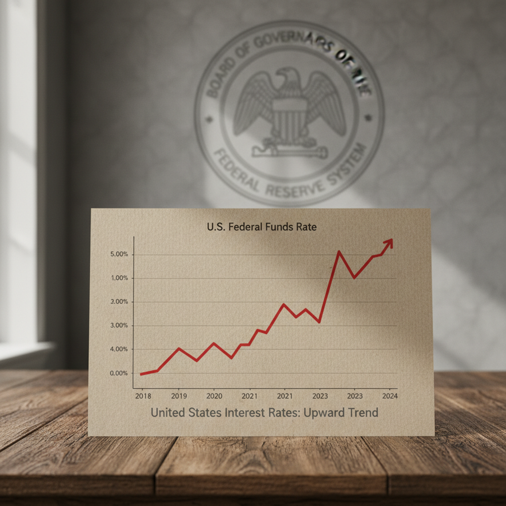 Gráfico financeiro mostrando a tendência de alta dos juros nos EUA, com o logotipo do Federal Reserve e o termo Ata FOMC Juros EUA em destaque.