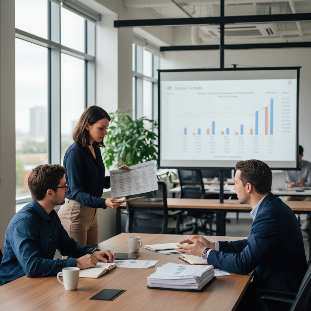 Analistas da Empiricus Research em ambiente de escritório moderno, discutindo gráficos e dados financeiros sobre a BCDI11 Empiricus análise e o desempenho de FI-Infra na B3.