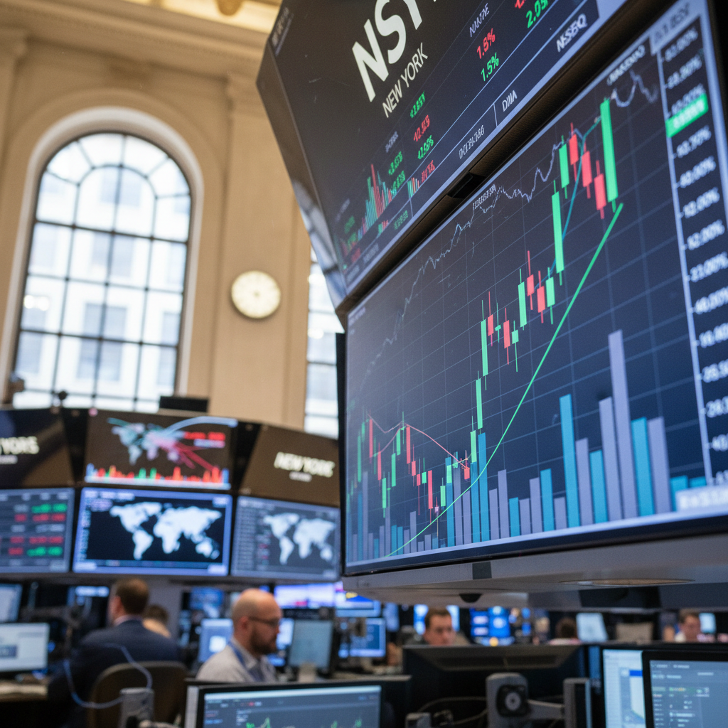 Gráficos de ações em alta na Bolsa de Nova York (NYSE), mostrando recuperação das Bolsas de NY e o impacto dos Treasuries.