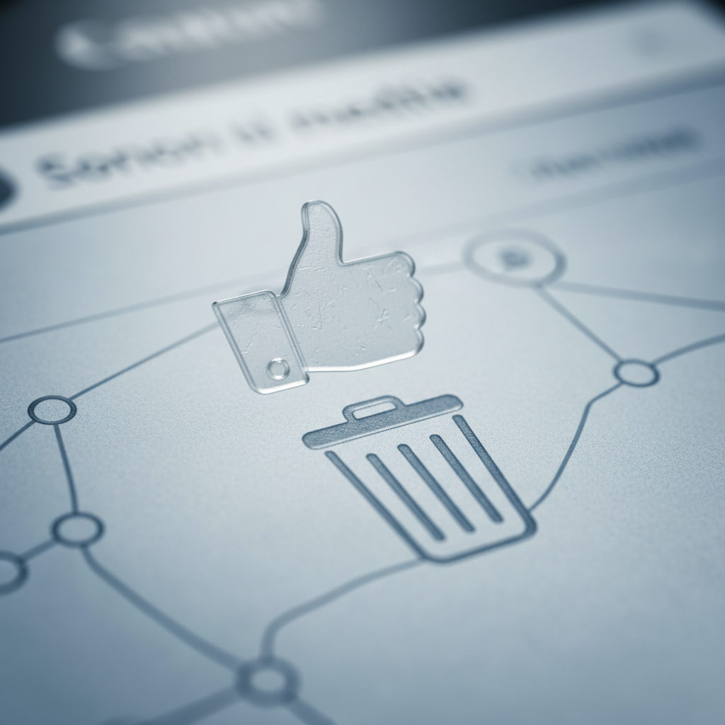 Ilustração de um polegar para cima sobre um ícone de lixeira, simbolizando o sucesso do botão anti-IA do LinkedIn na remoção de conteúdo generativo e de baixa qualidade.