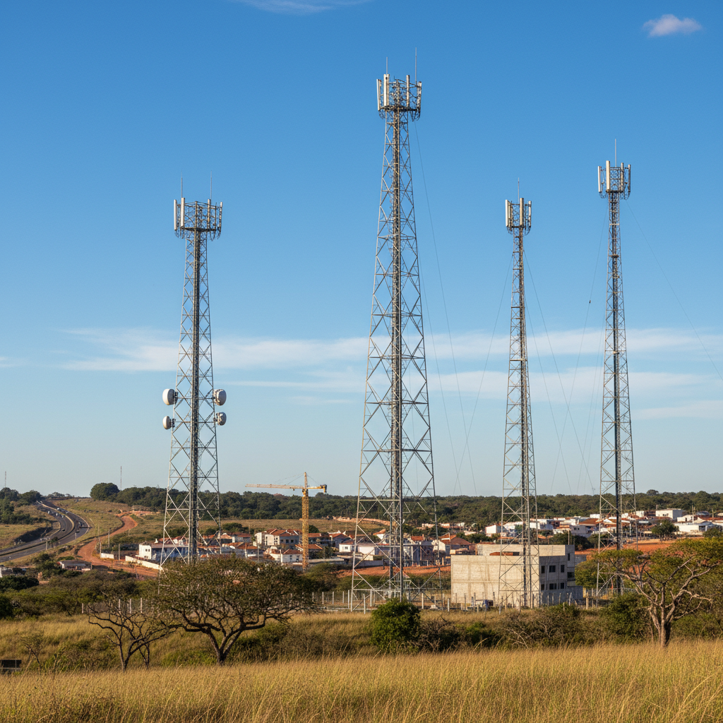 Brisanet Centro-Oeste — Antenas de telecomunicações em uma paisagem urbana do Centro-Oeste, simbolizando a chegada da Brisane
