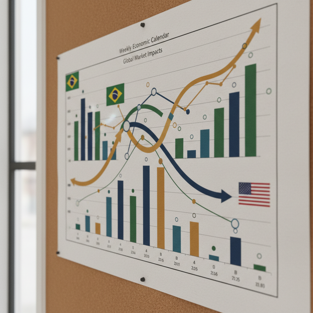 Gráfico de tendências econômicas com bandeiras do Brasil e EUA, simbolizando o calendário econômico semanal e seus impactos nos mercados globais.
