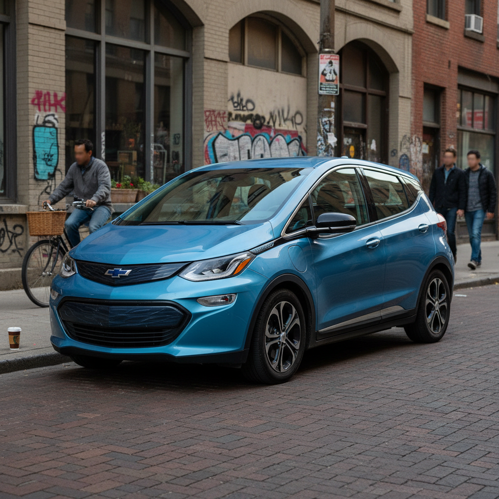 Chevrolet Bolt EV azul metálico 2022, estacionado em área urbana, destacando seu design moderno como um Chevrolet Bolt usado em 2026.
