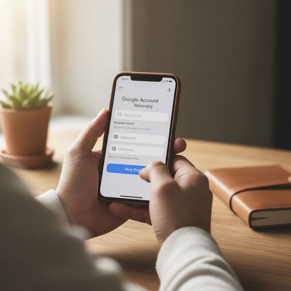 recuperar senha do Gmail — Pessoa utilizando um smartphone para recuperar a senha do Gmail e da Conta Google, seguindo um pas