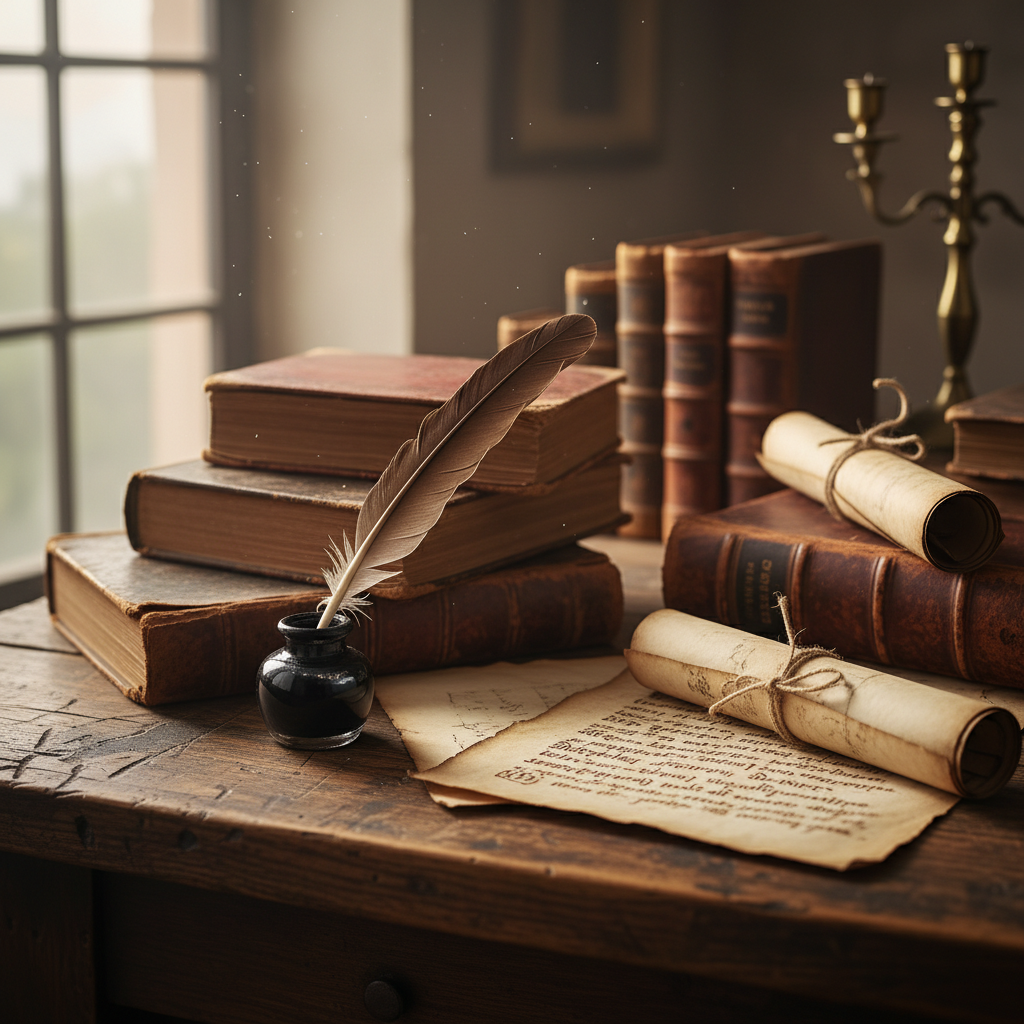 Fotografia editorial mostrando livros antigos e manuscritos, simbolizando a profunda e acadêmica história por trás dos contos dos Irmãos Grimm.