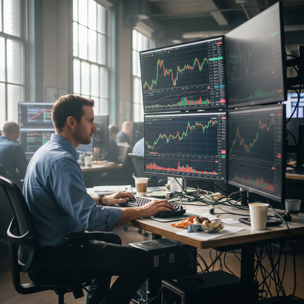 Cena de trader focado em gráficos de computador durante a Copa BTG Trader, simbolizando a competição de trading simulado.