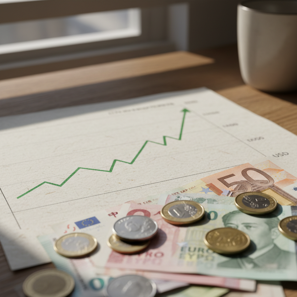 Gráfico financeiro da cotação do dólar em alta, com moedas e indicadores de mercado volátil