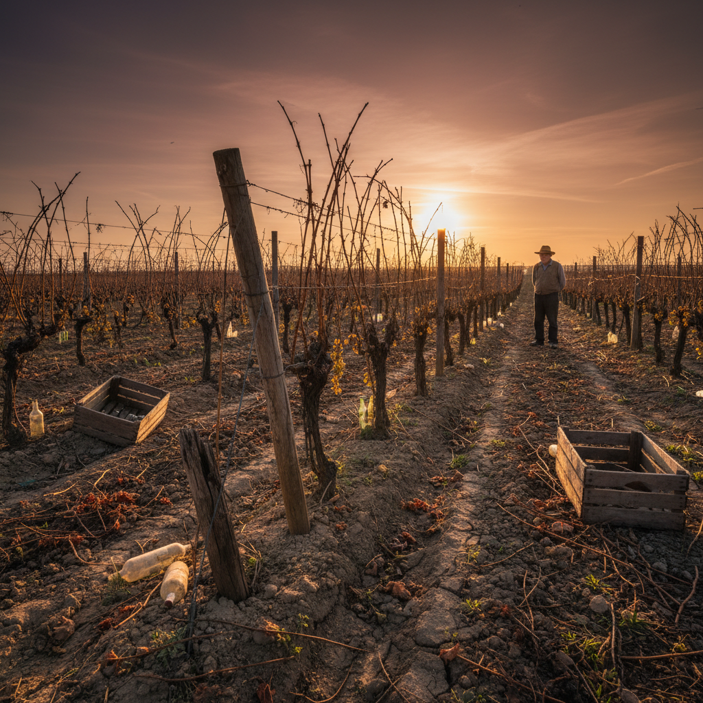 Vinhedo europeu ao pôr do sol, representando a Crise do Vinho e os desafios enfrentados pelos produtores.