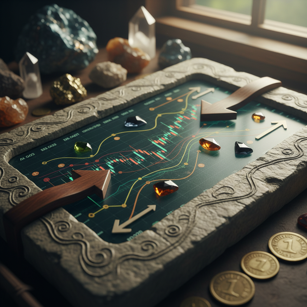 Gráfico de criptomoedas com setas indicando alta e baixa, simbolizando a adaptabilidade do Delta IA Empiricus em diferentes cenários de mercado.