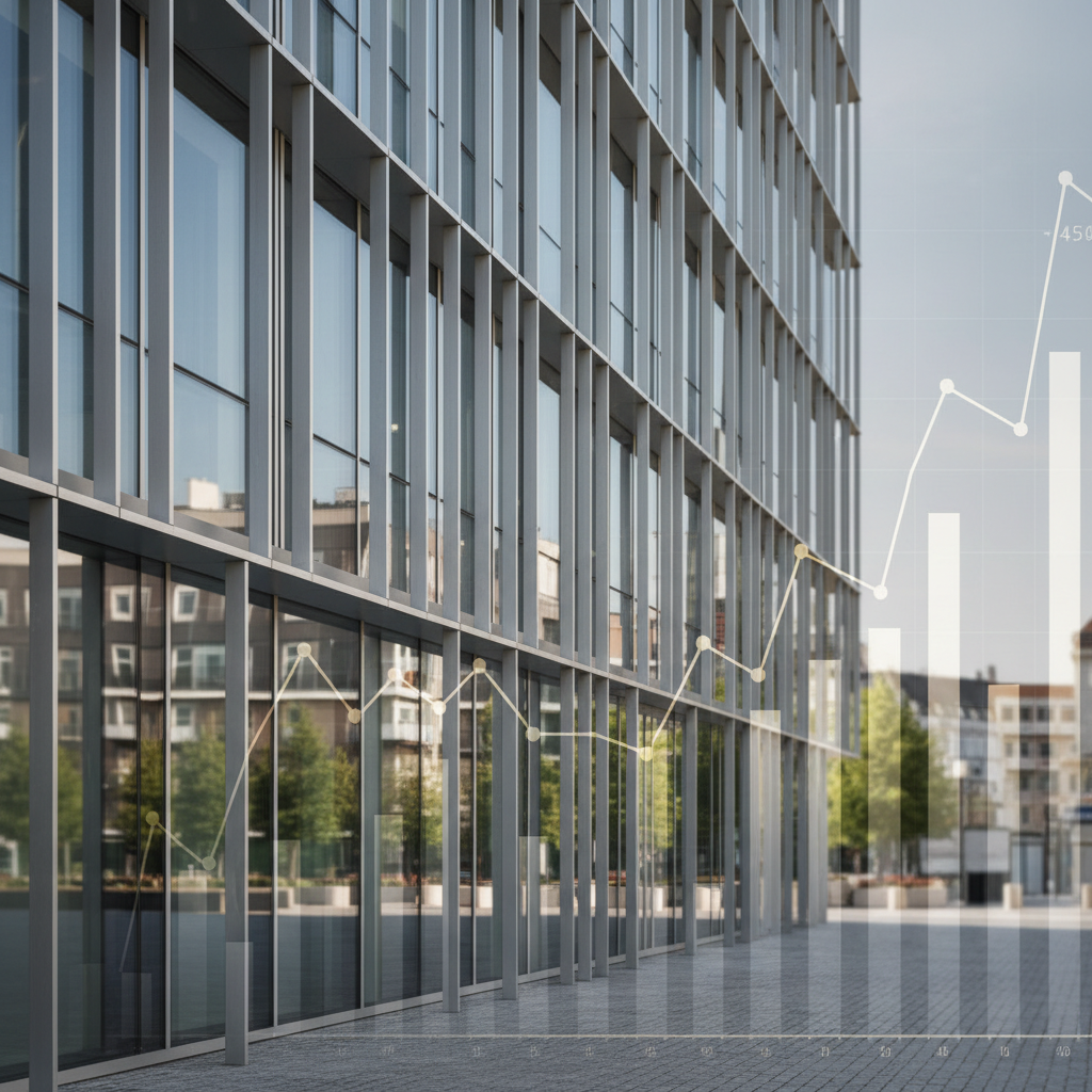 Edifício comercial moderno e gráficos financeiros, representando as últimas atualizações e tendências dos Fundos Imobiliários (FIIs) em 2026.