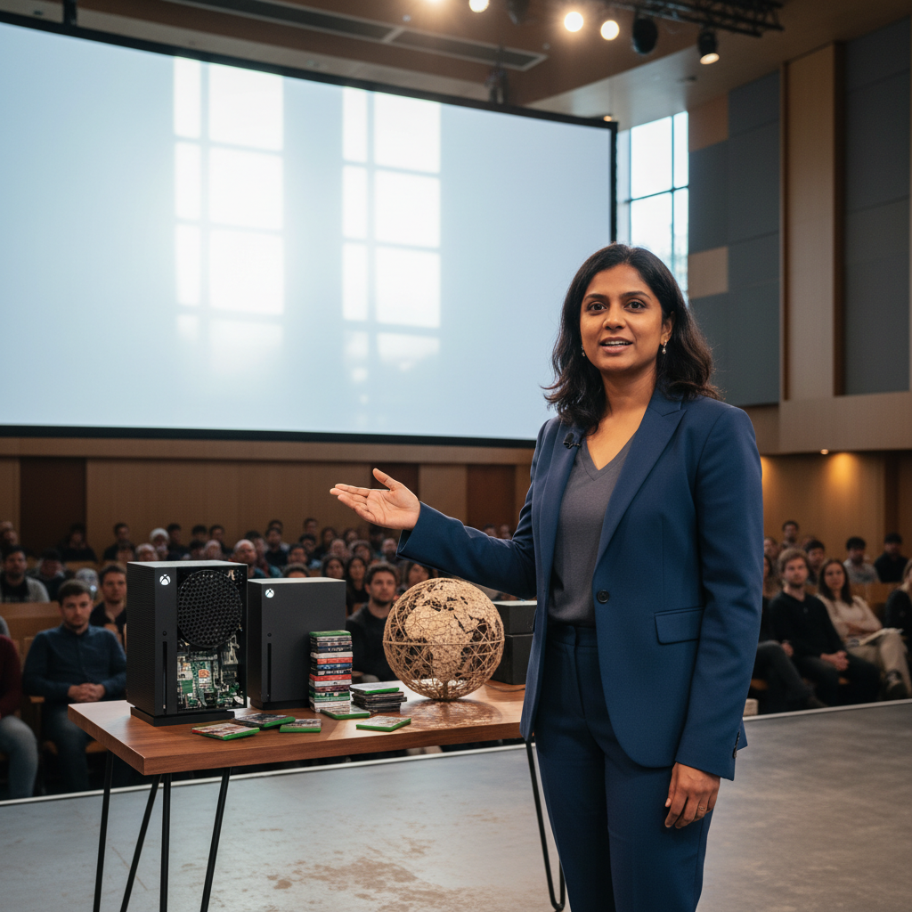 A CEO da Xbox, Asha Sharma, em uma apresentação, delineando a visão estratégica para o futuro do Xbox no mercado global de games.