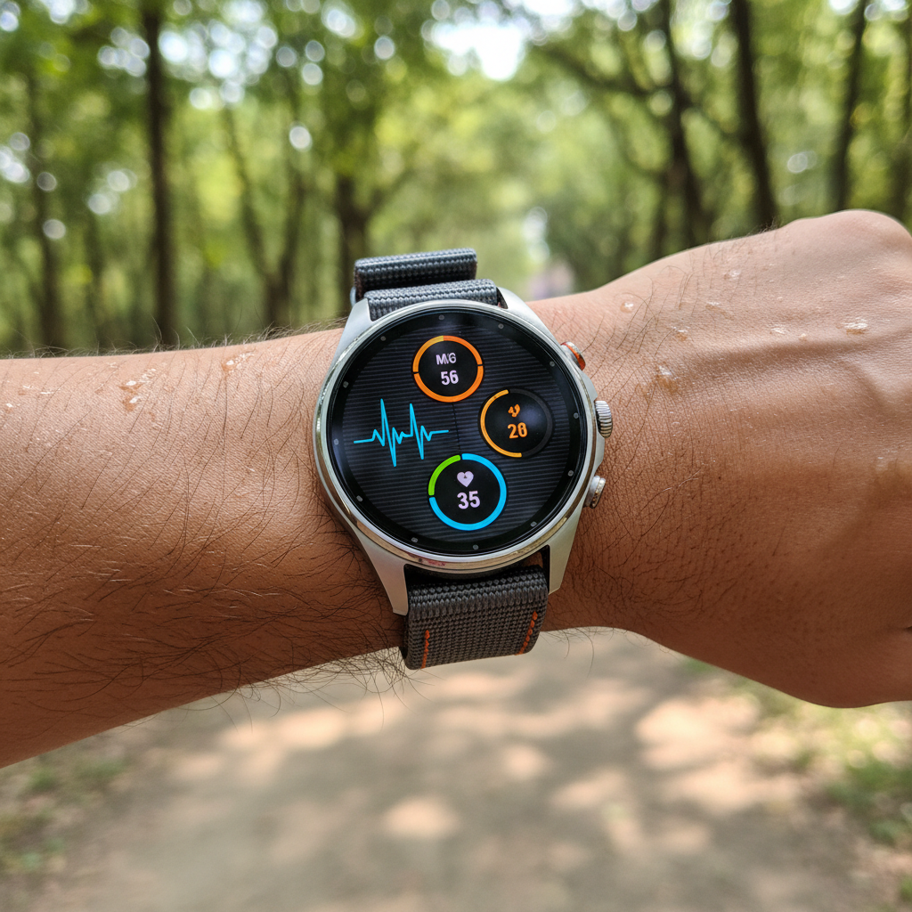 Imagem de um Huawei Watch GT 6 de 41mm no pulso, exibindo sua tela AMOLED vibrante e design elegante durante atividade física ao ar livre.