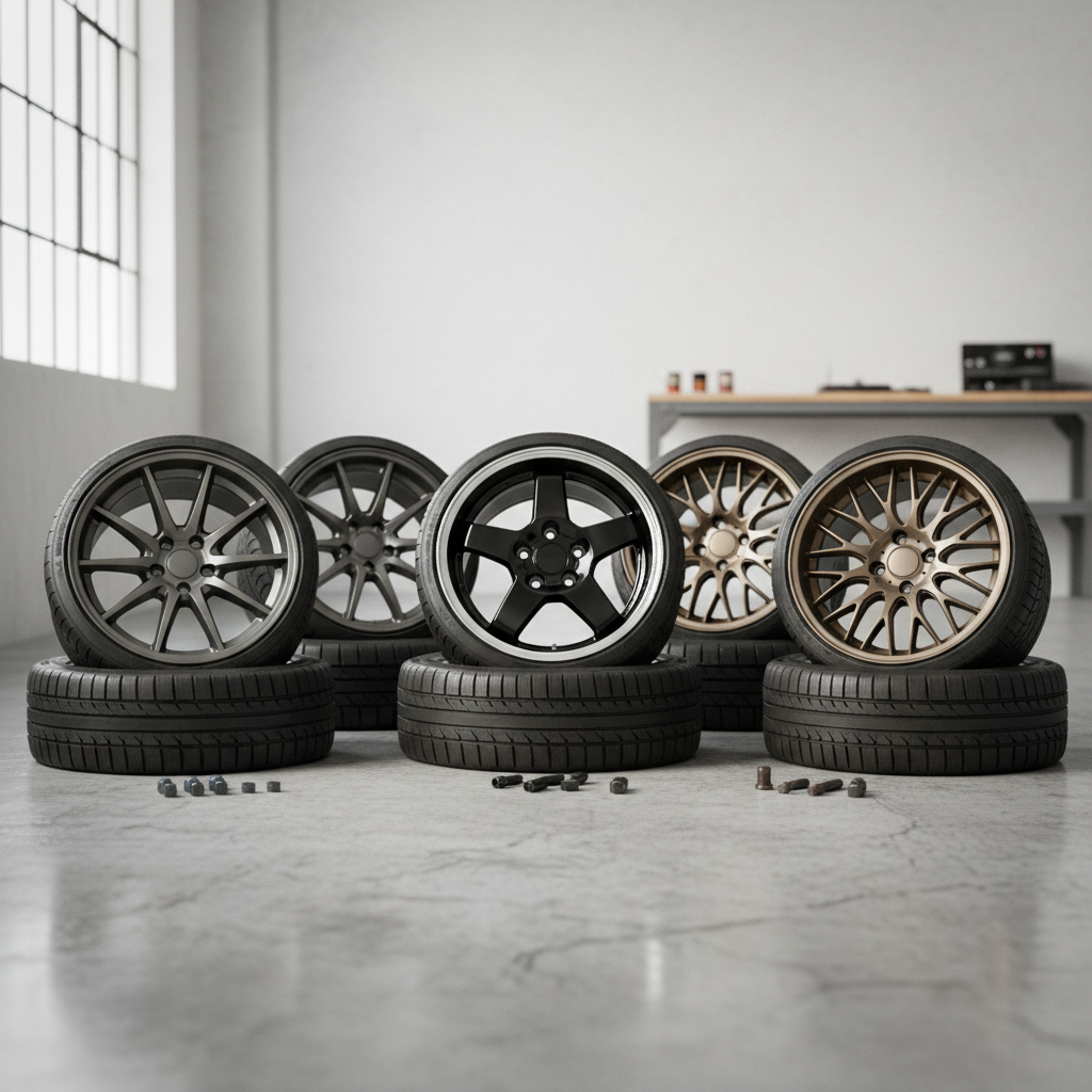 Três kits de rodas de liga leve em diferentes estilos, prontos para renovar o visual de carros, mostrando a diversidade dos kits de rodas.