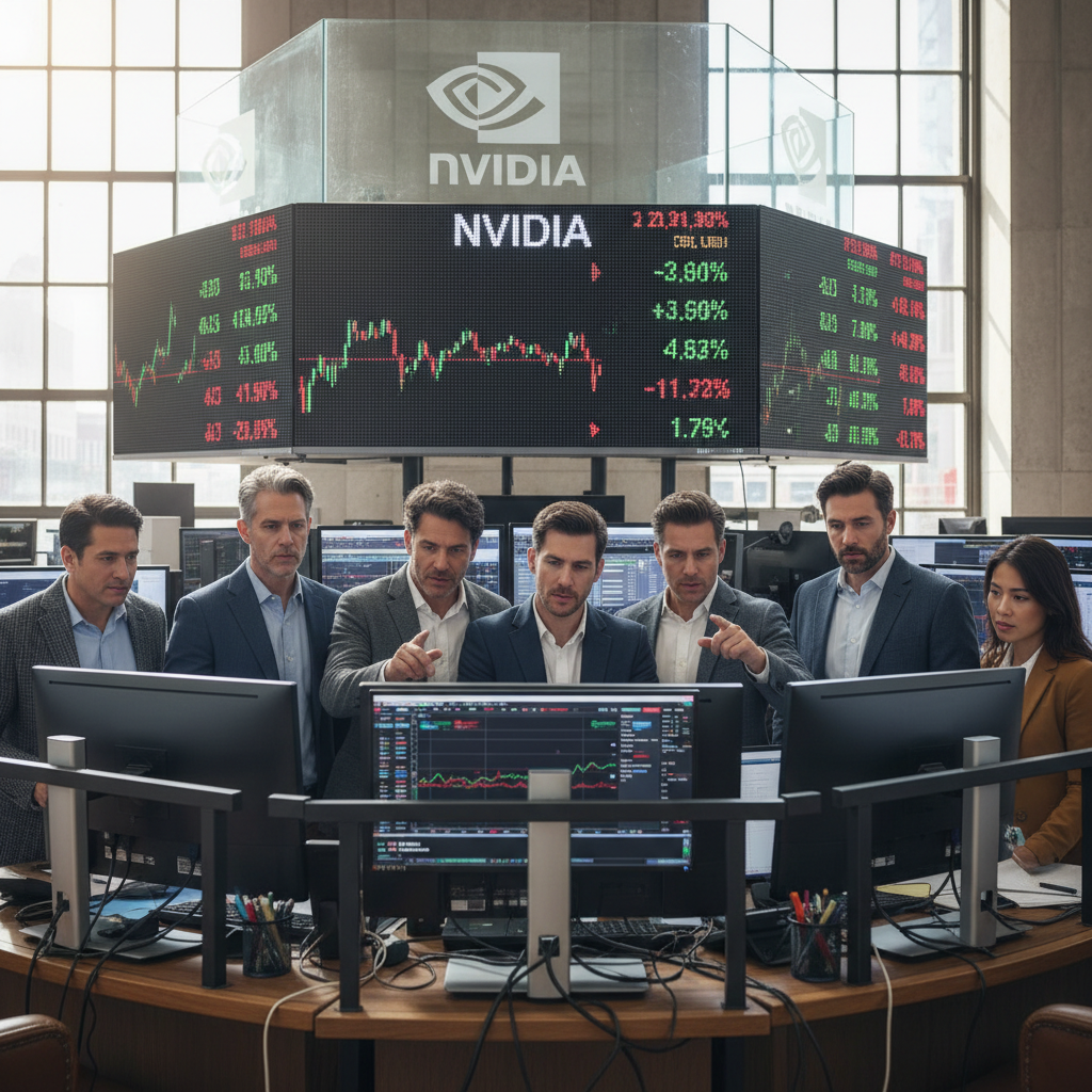 Nvidia Balanço — Gráfico de ações em Wall Street com o logo da Nvidia ao fundo, simbolizando a expectativa pelo balanço da em