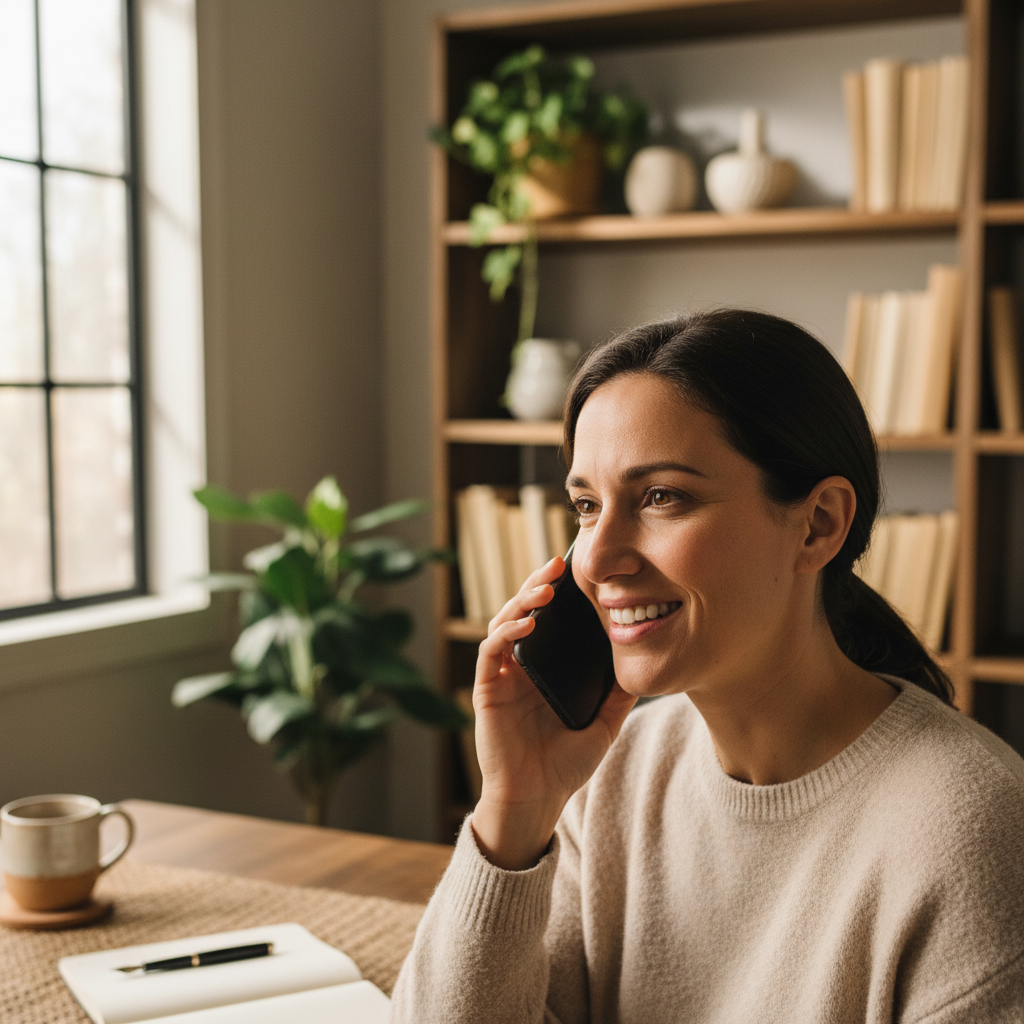 Ligações Importantes no Celular — Uma pessoa sorrindo enquanto atende uma ligação importante no celular, em um ambiente de tr