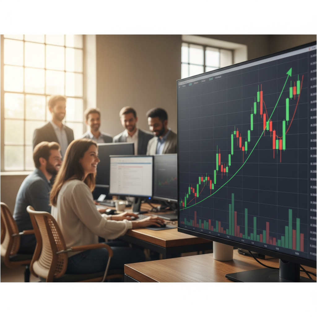 Gráfico financeiro exibindo a recuperação da Bolsa brasileira, com setas ascendentes e figuras de investidores otimistas observando monitores.